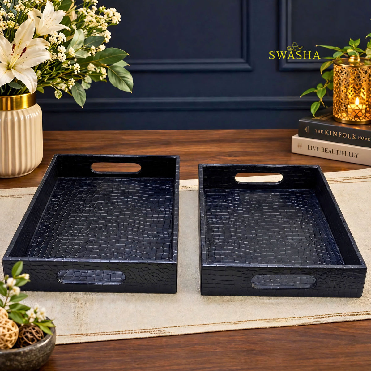 SWASHA midnight black faux leather serving tray set of 2 with croc texture on wooden table