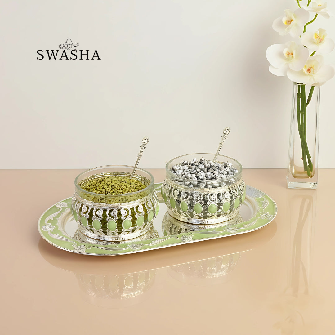 Swasha Premium Dry Fruits Server Set with Tray & Lids – German Silver Gift Item (Green)