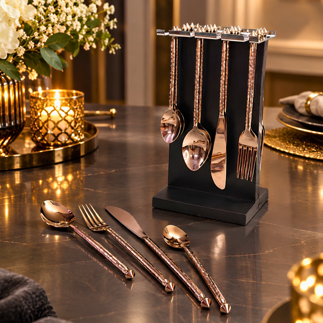 swasha 24 pcs rose gold cutlery set with wooden stand hammered design