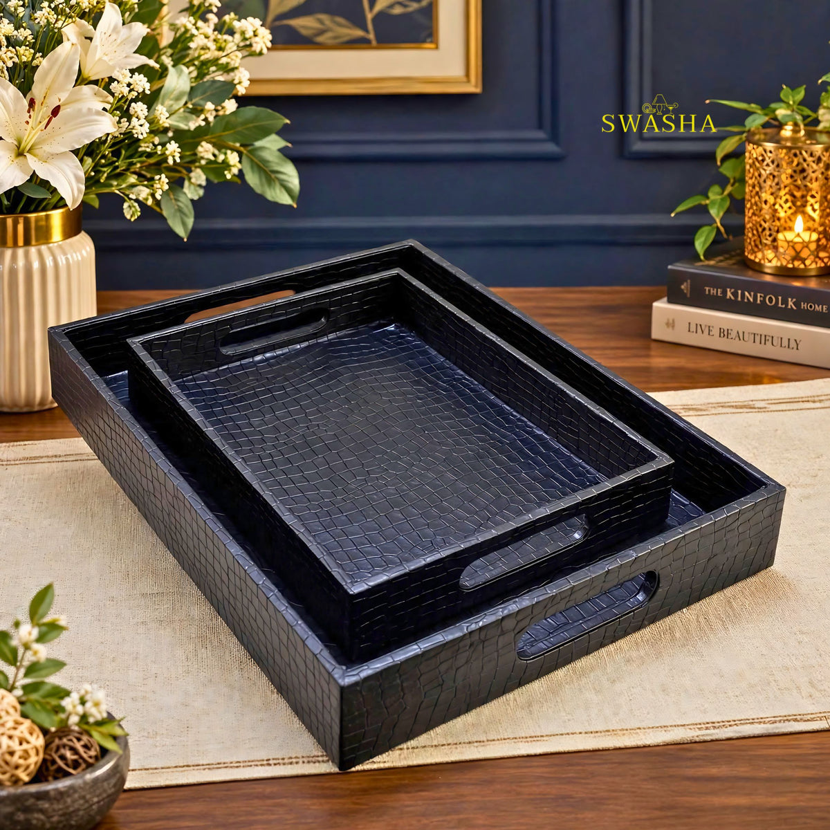 SWASHA midnight black faux leather serving tray set of 2 with croc texture on wooden table