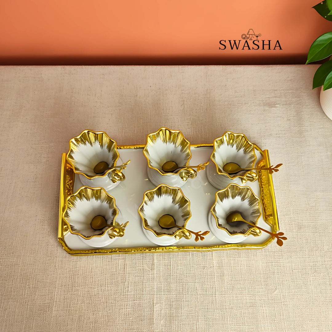 Premium Quality Ceramic Dessert Set – 6 Cups, 6 Spoons, 1 Tray by Swasha