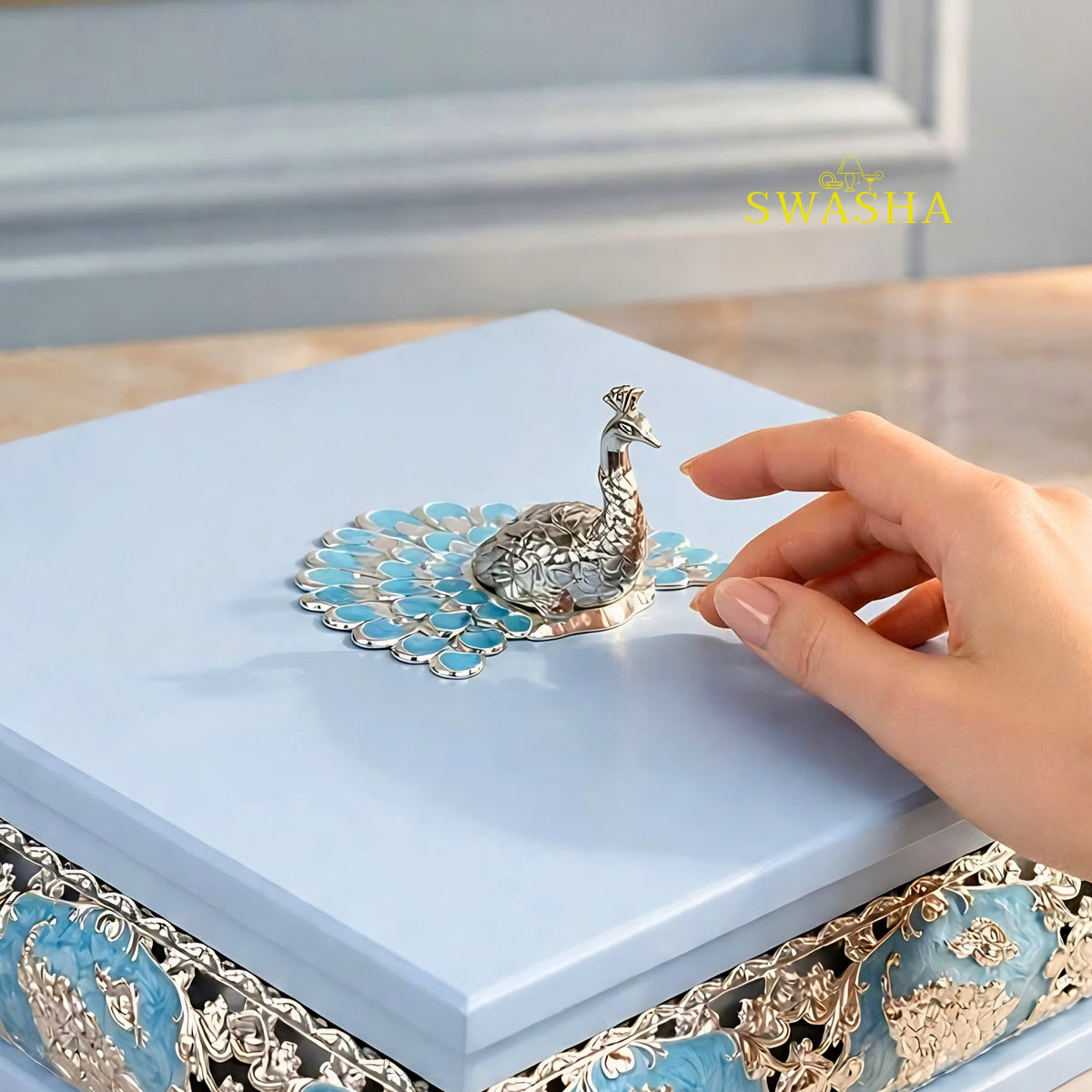 SWASHA Sky Blue Peacock Dry Fruit Box - 4 Compartment Wooden Gift Box with Silver Peacock | For Diwali, Wedding Return Gift, Sweets & Jewelry Storage