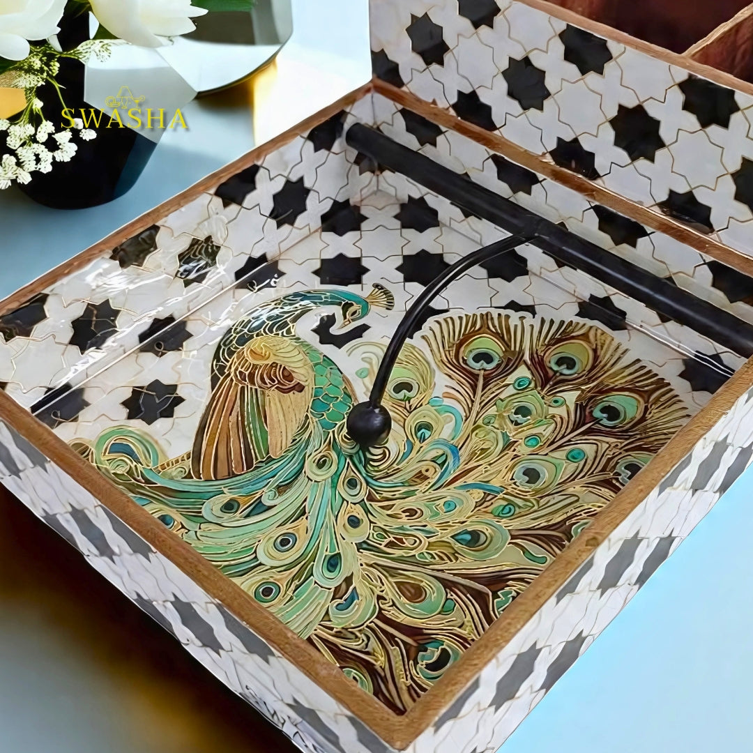 Swasha Glossy Resin Finish Wooden Tissue Cum Cutlery Organizer