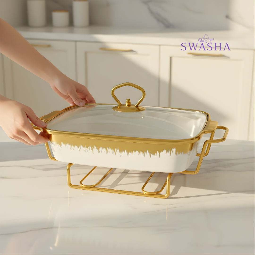 Swasha Porcelain Food Warmer, Chafing Dish – White (Rectangular)