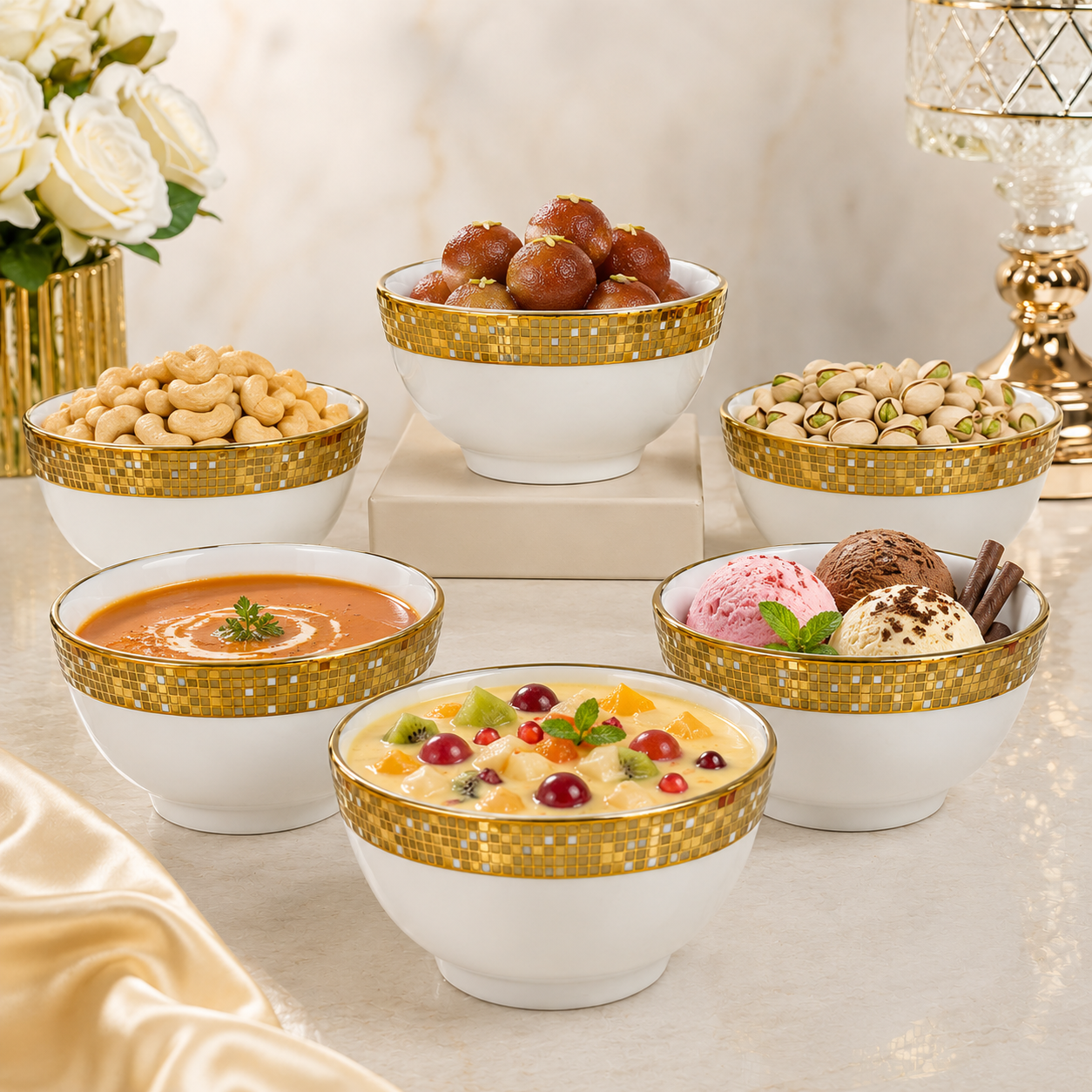 Swasha Premium Porcelain Bowl Set of 6 (White Gold)
