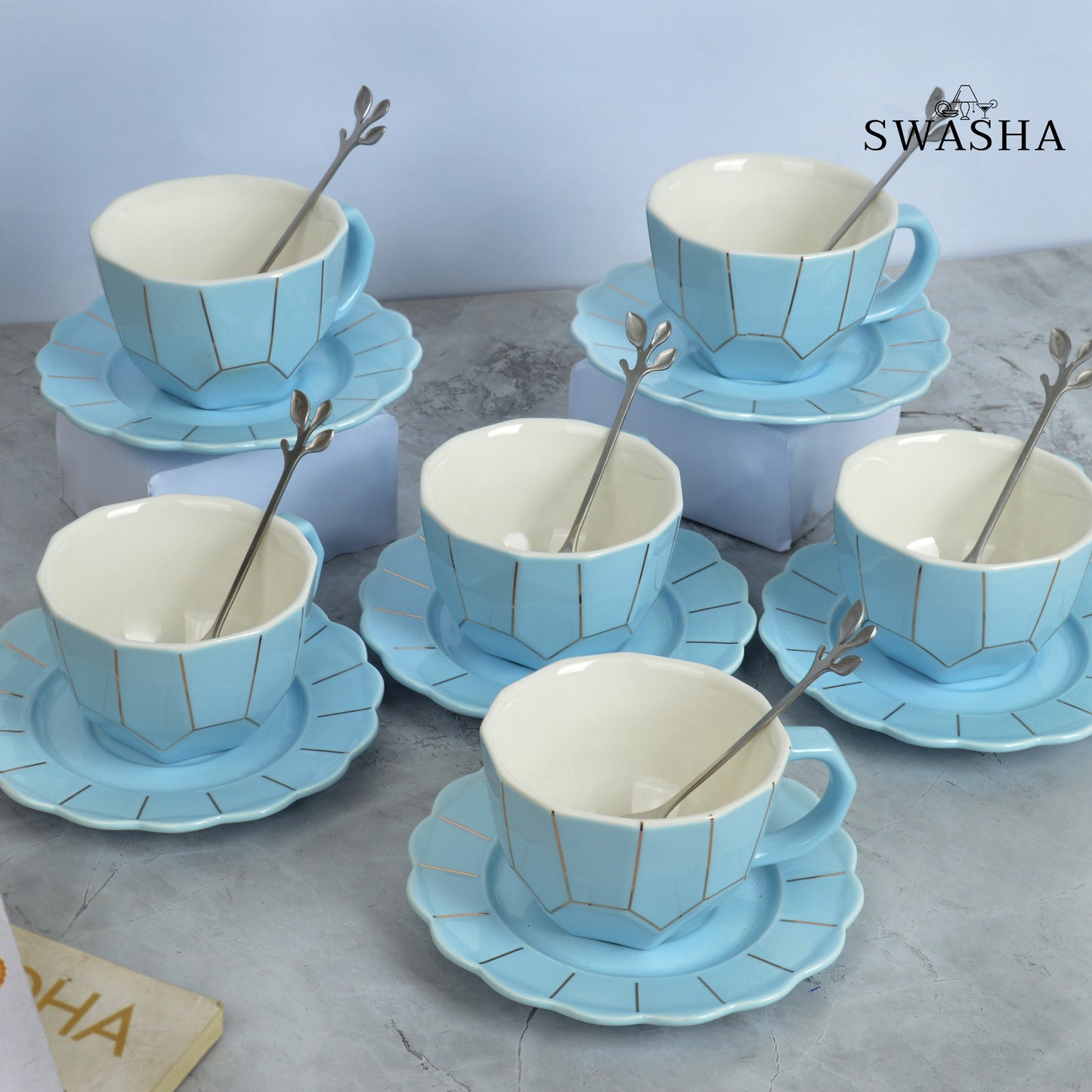Ceramic Cup and Saucer Set with Spoon - Set of 6