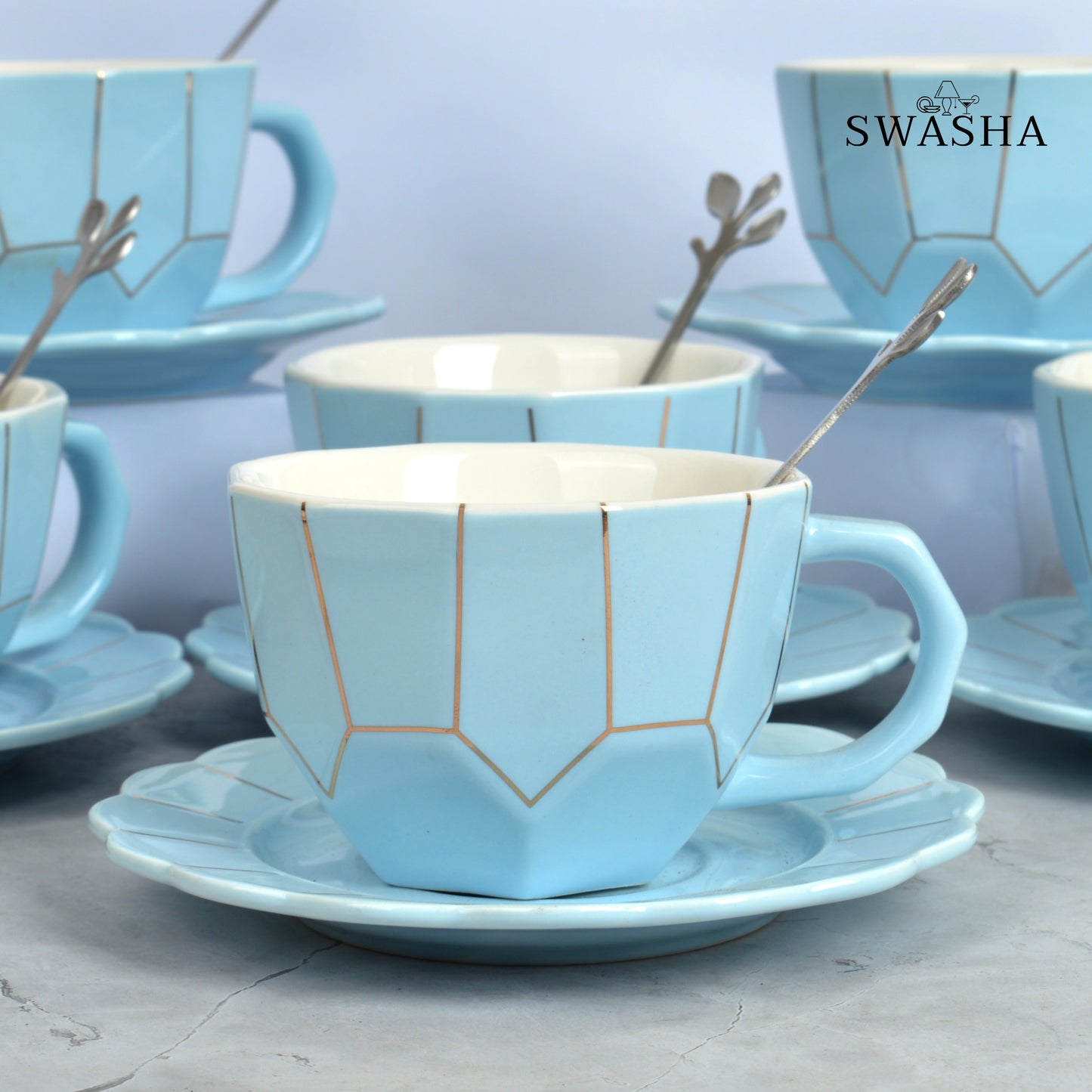 Ceramic Cup and Saucer Set with Spoon - Set of 6