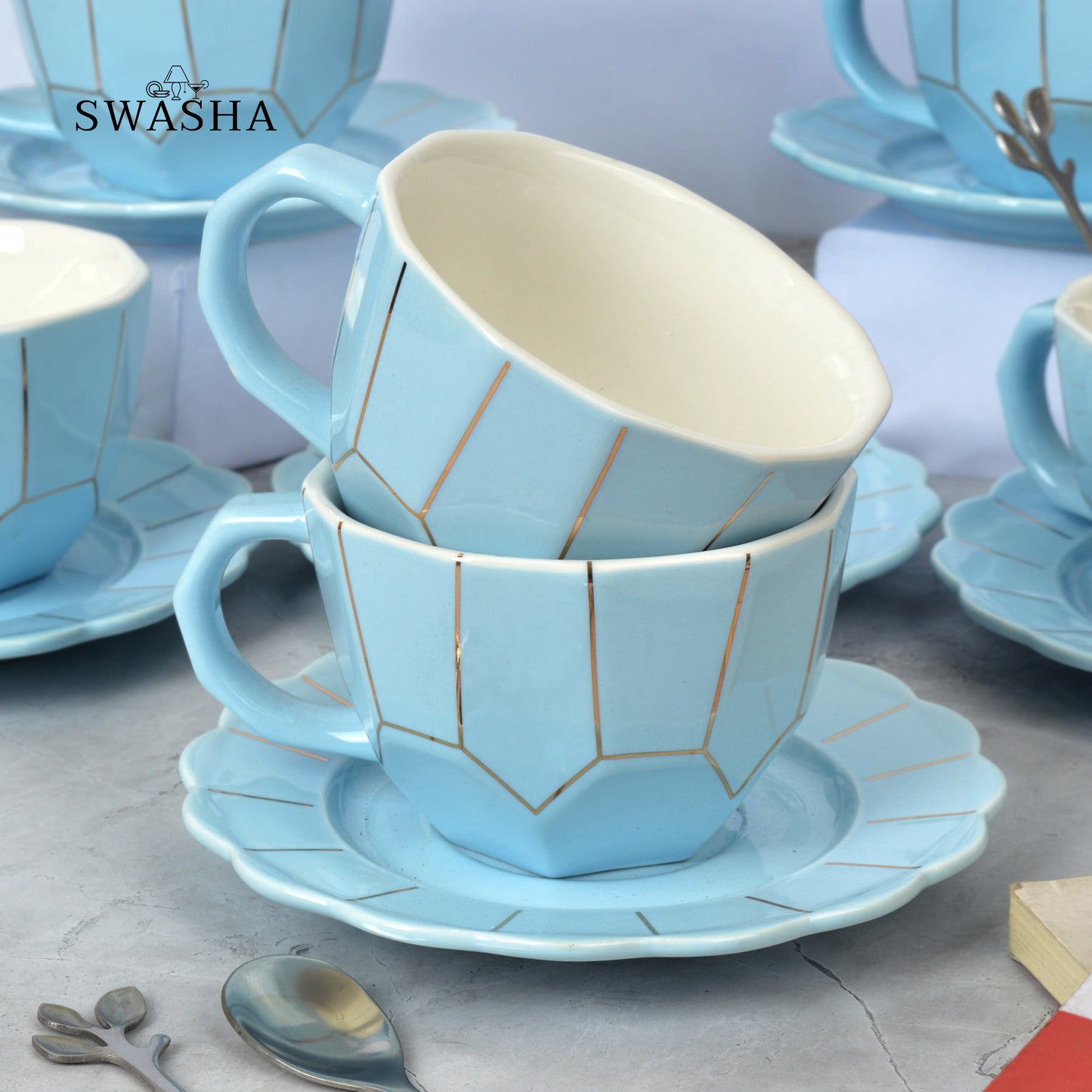 Ceramic Cup and Saucer Set with Spoon - Set of 6