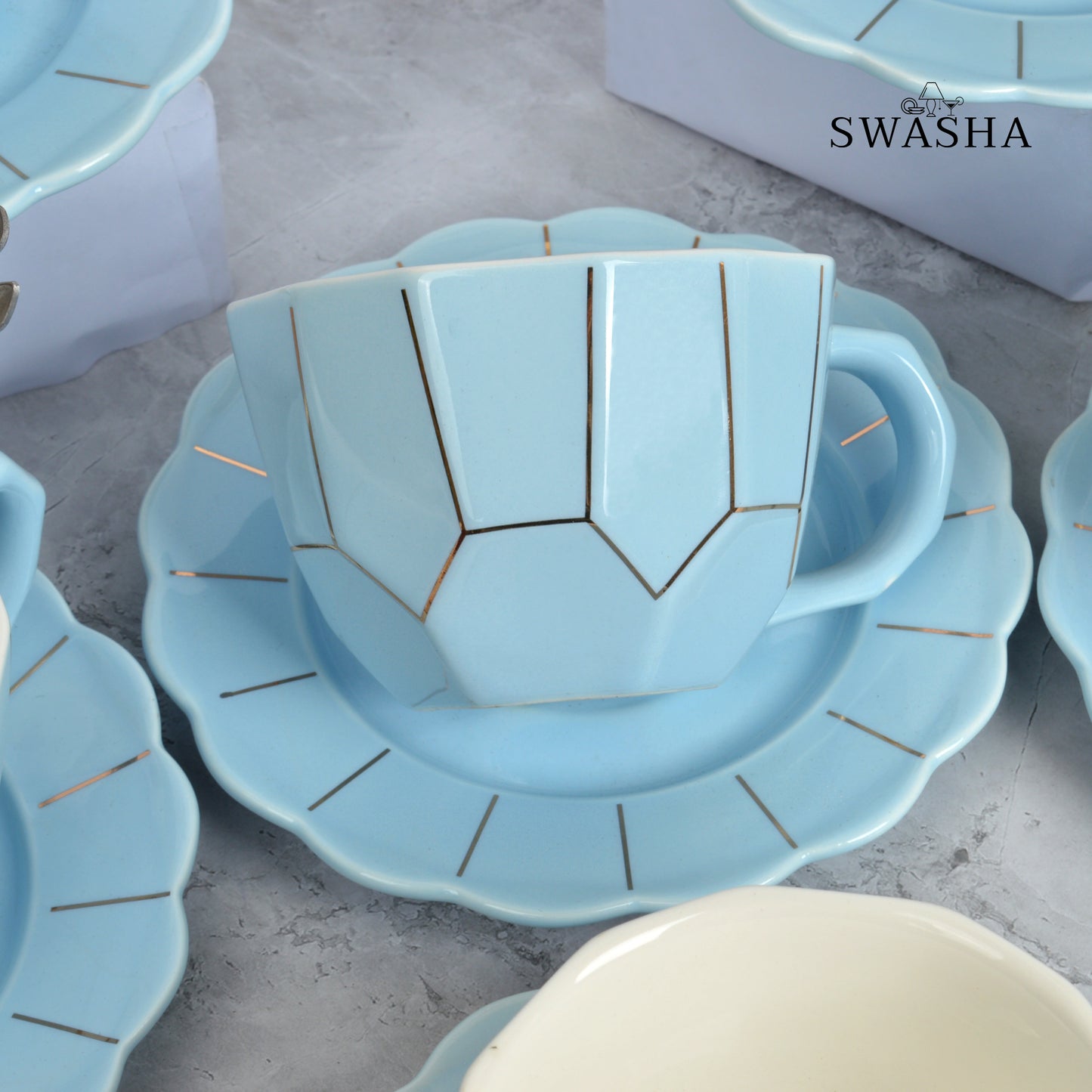Ceramic Cup and Saucer Set with Spoon - Set of 6
