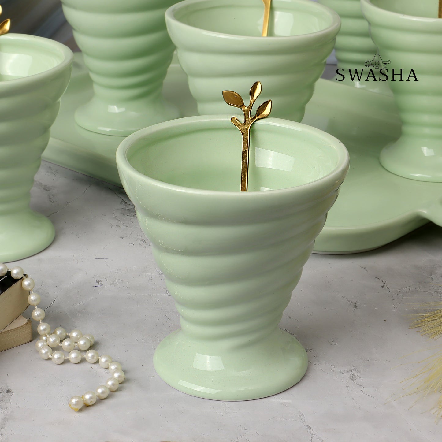 Ice Cream Cup Set of 6 With Tray by Swasha (Green)