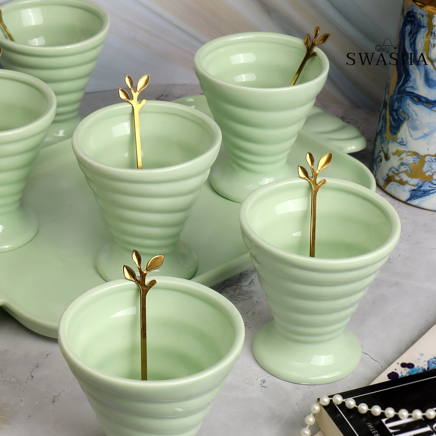 Ice Cream Cup Set of 6 With Tray by Swasha (Green)