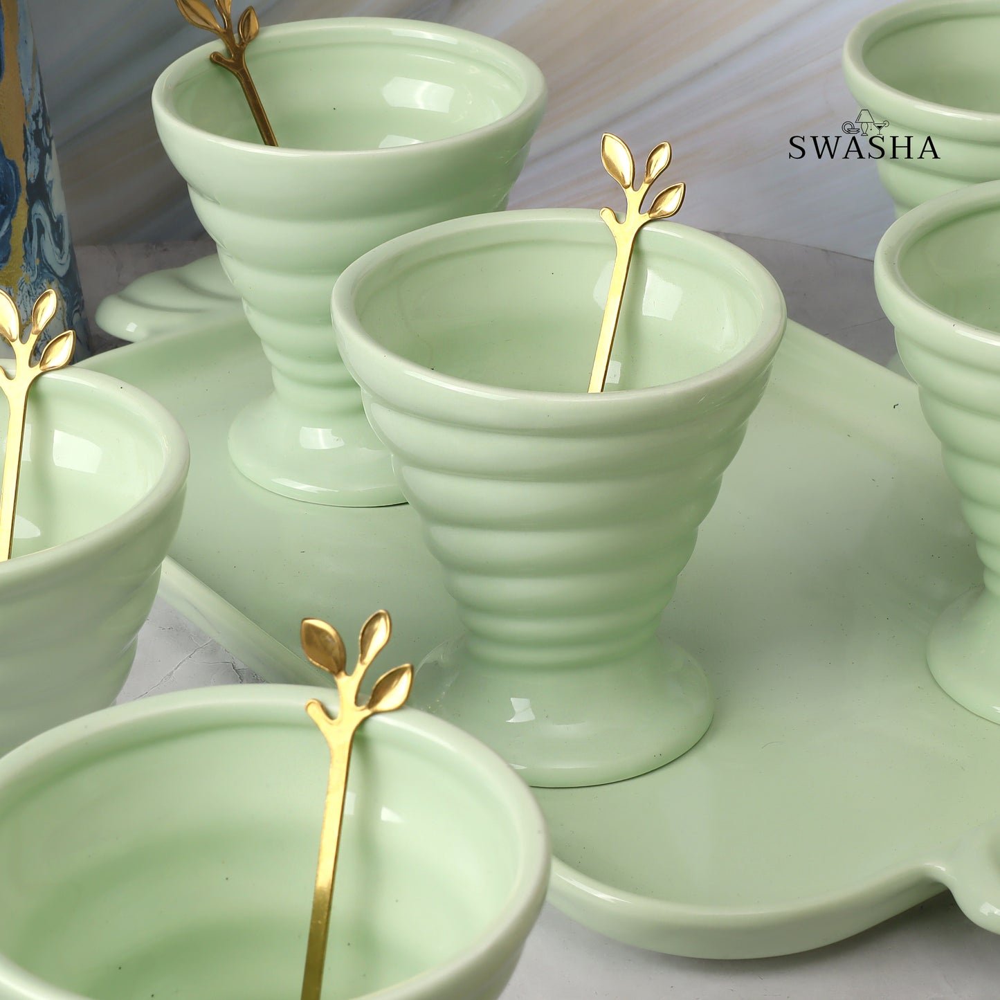 Ice Cream Cup Set of 6 With Tray by Swasha (Green)