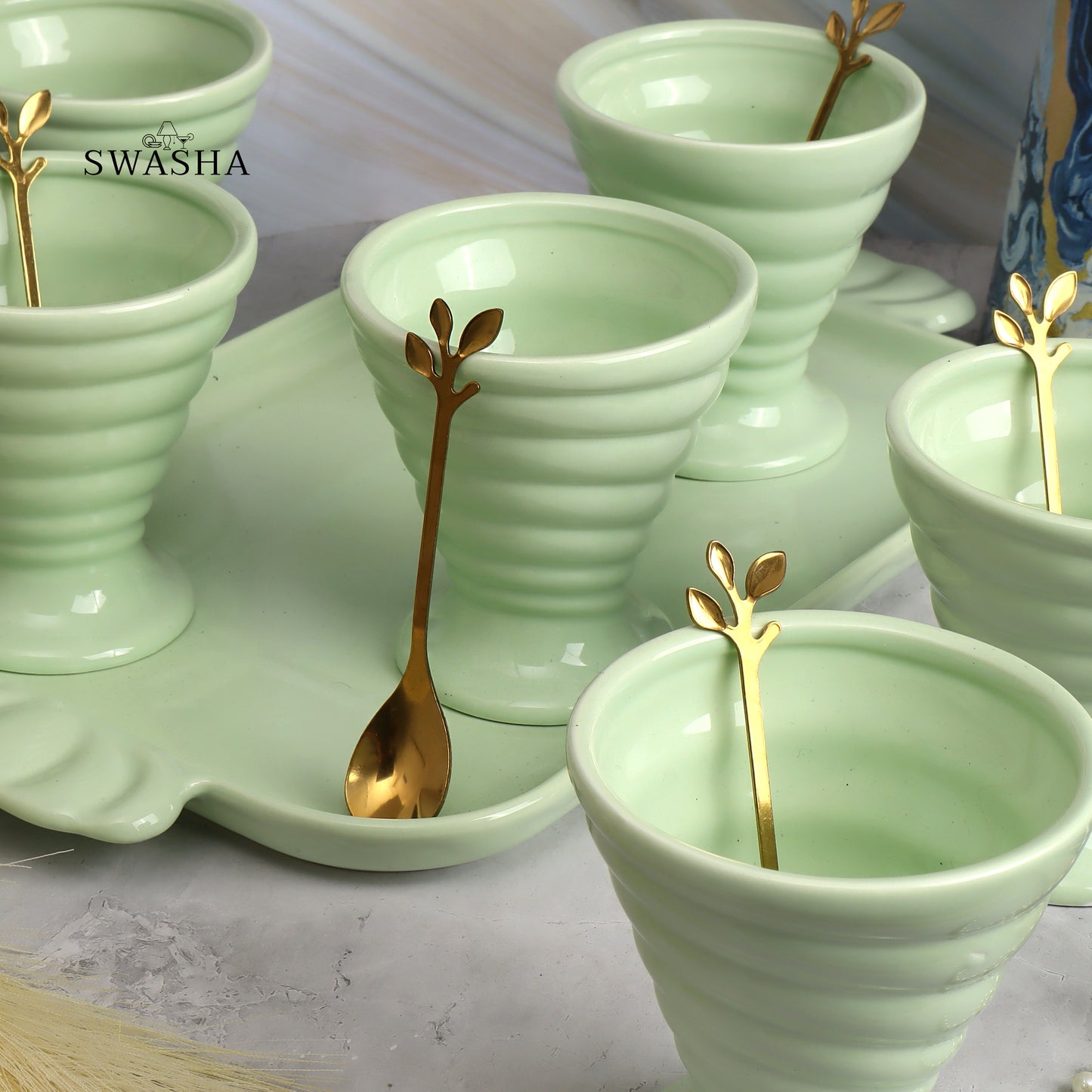 Ice Cream Cup Set of 6 With Tray by Swasha (Green)