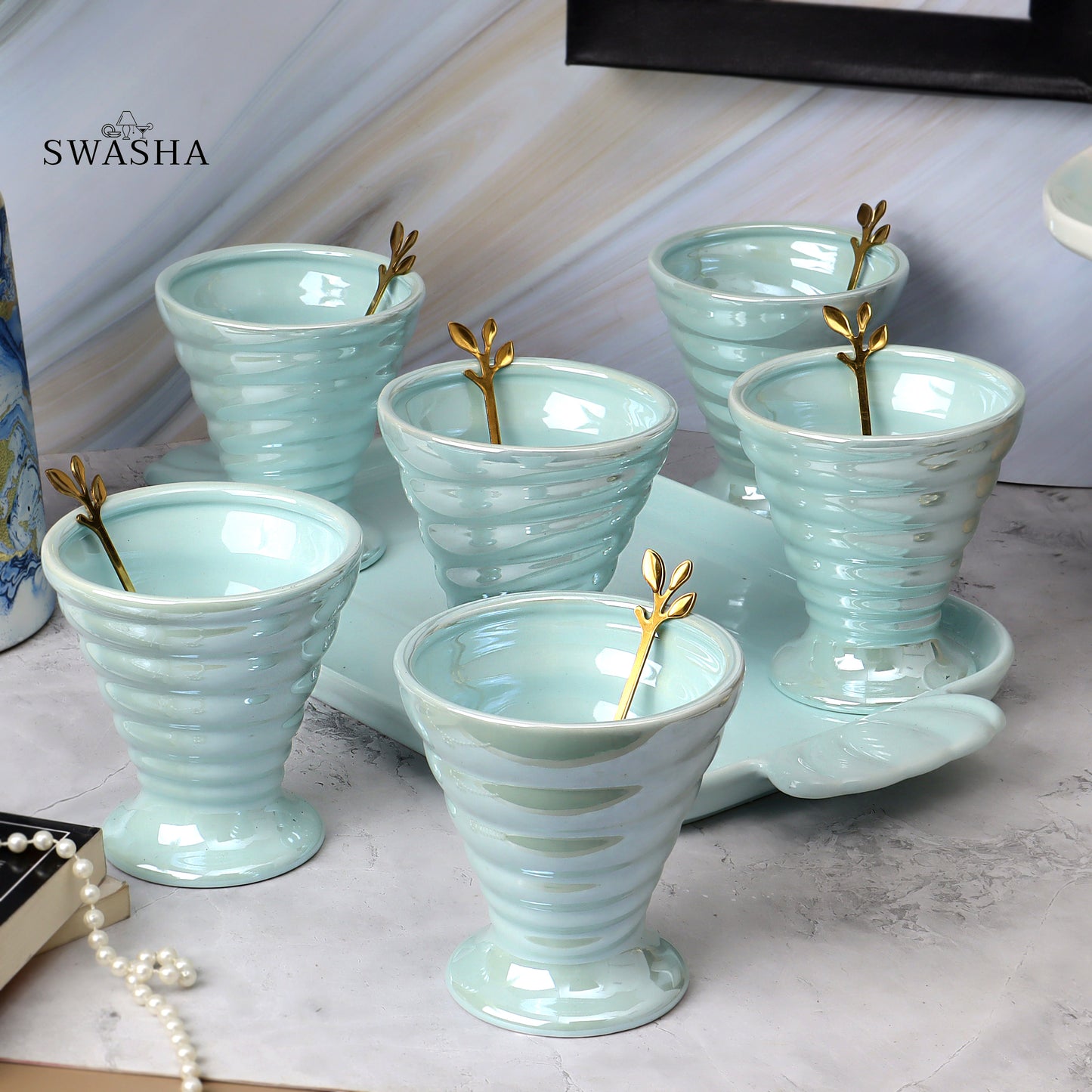 Ice Cream Bowl Set of 6 - Elegant & Durable | Swasha | Blue