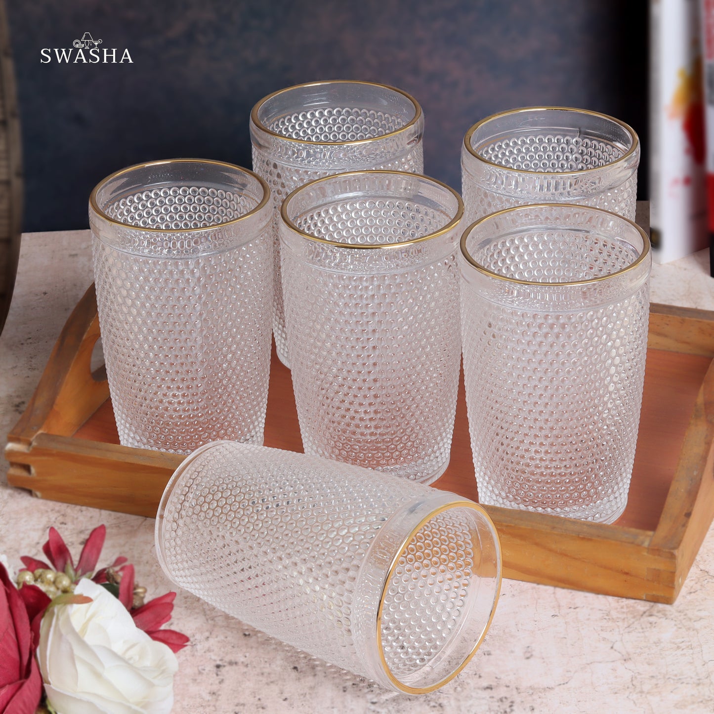 Set of 6 versatile glass tumblers - perfect for refreshing juices and water.