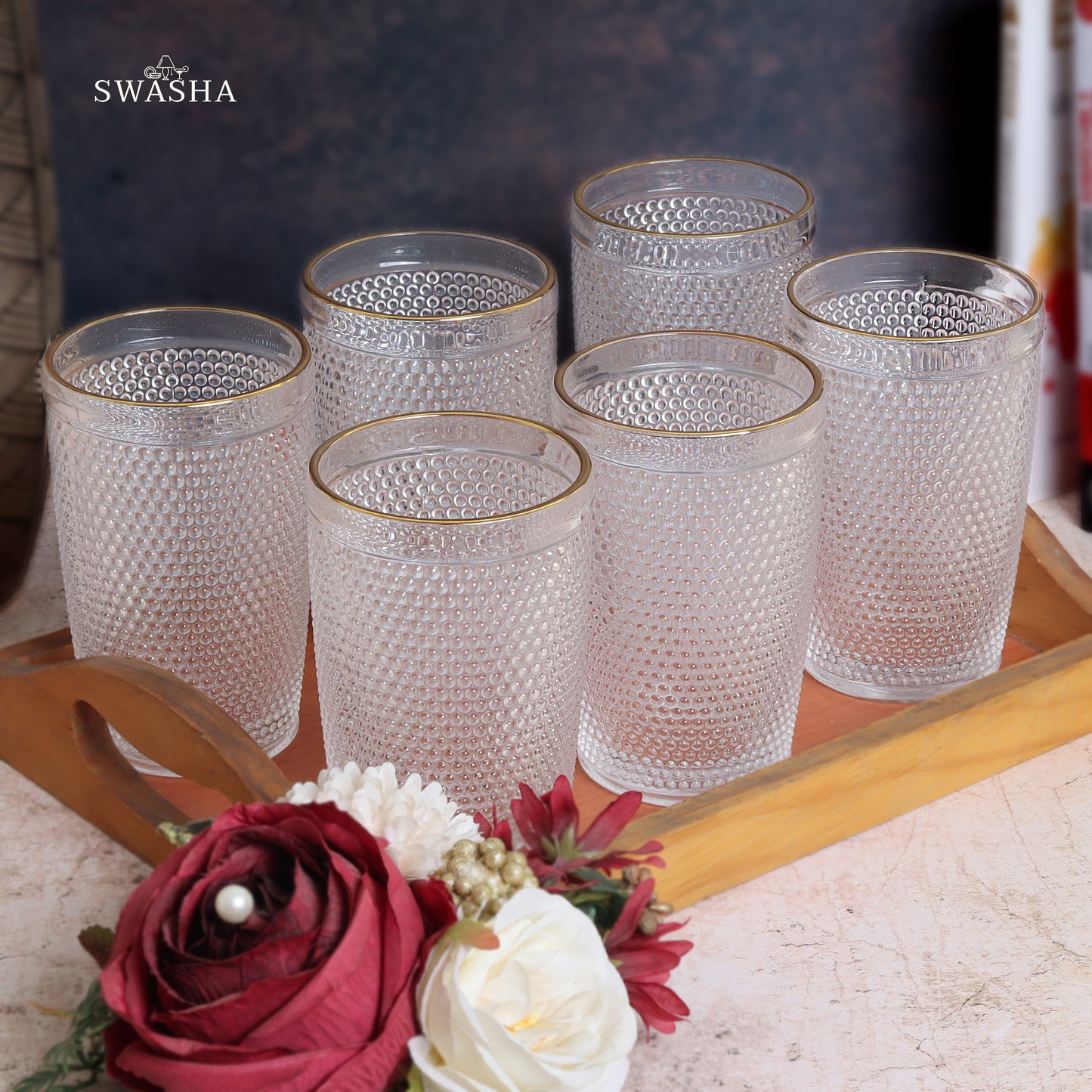 Set of 6 versatile glass tumblers - perfect for refreshing juices and water.