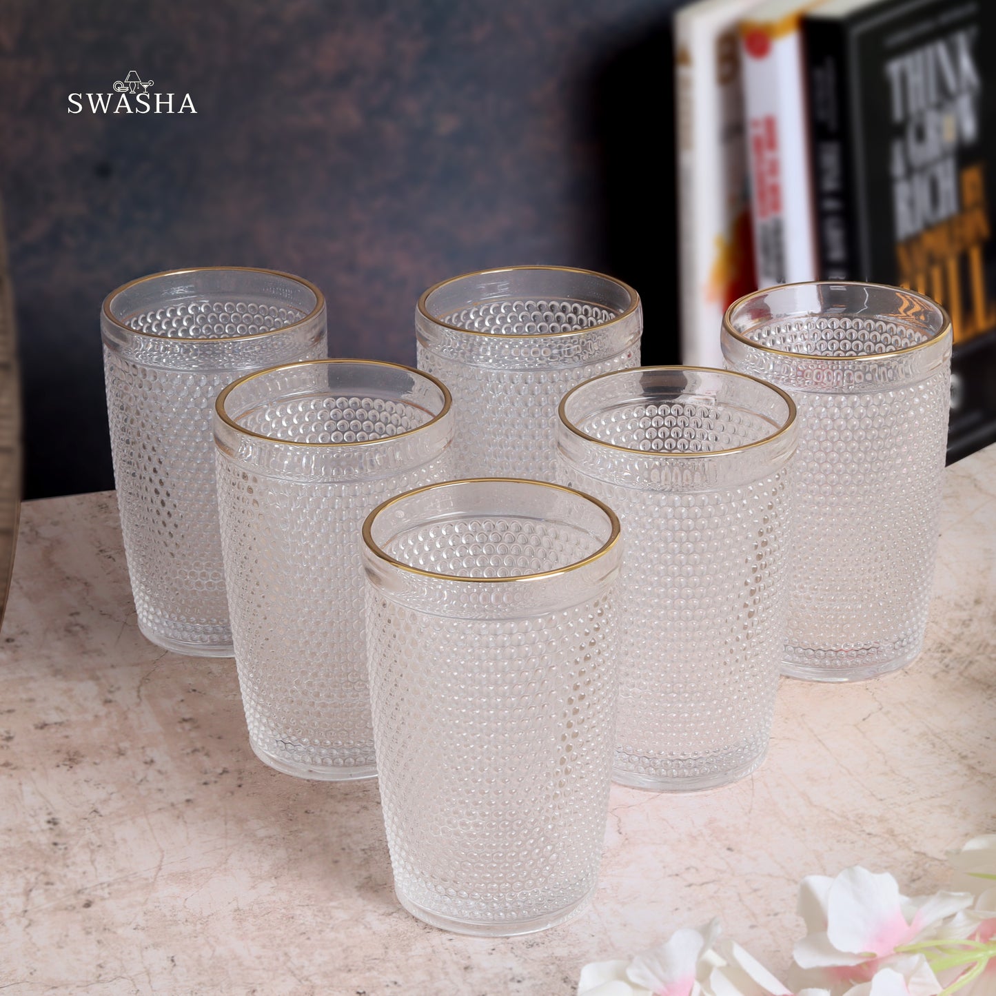 Set of 6 versatile glass tumblers - perfect for refreshing juices and water.