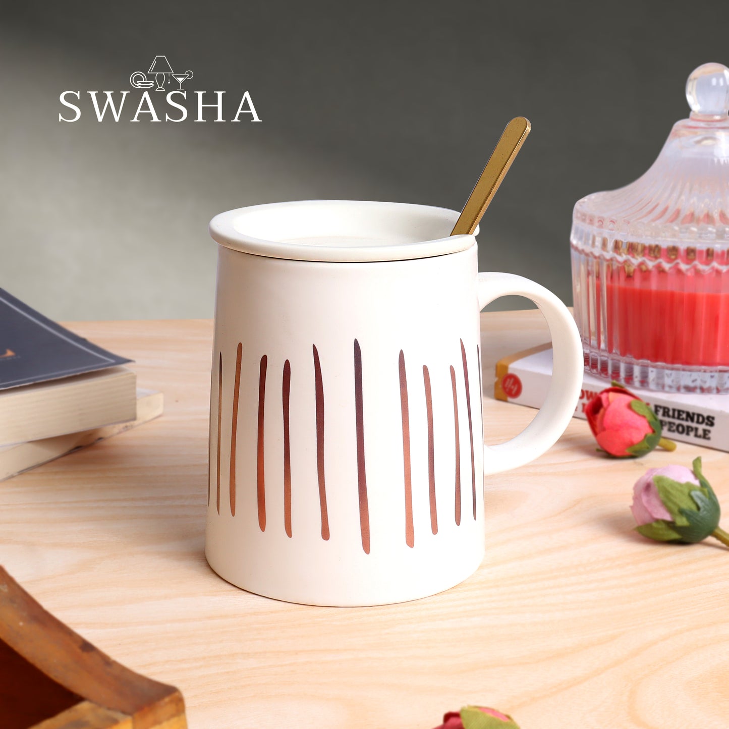 Ceramic Tall Coffee Mug , Lid and Spoon