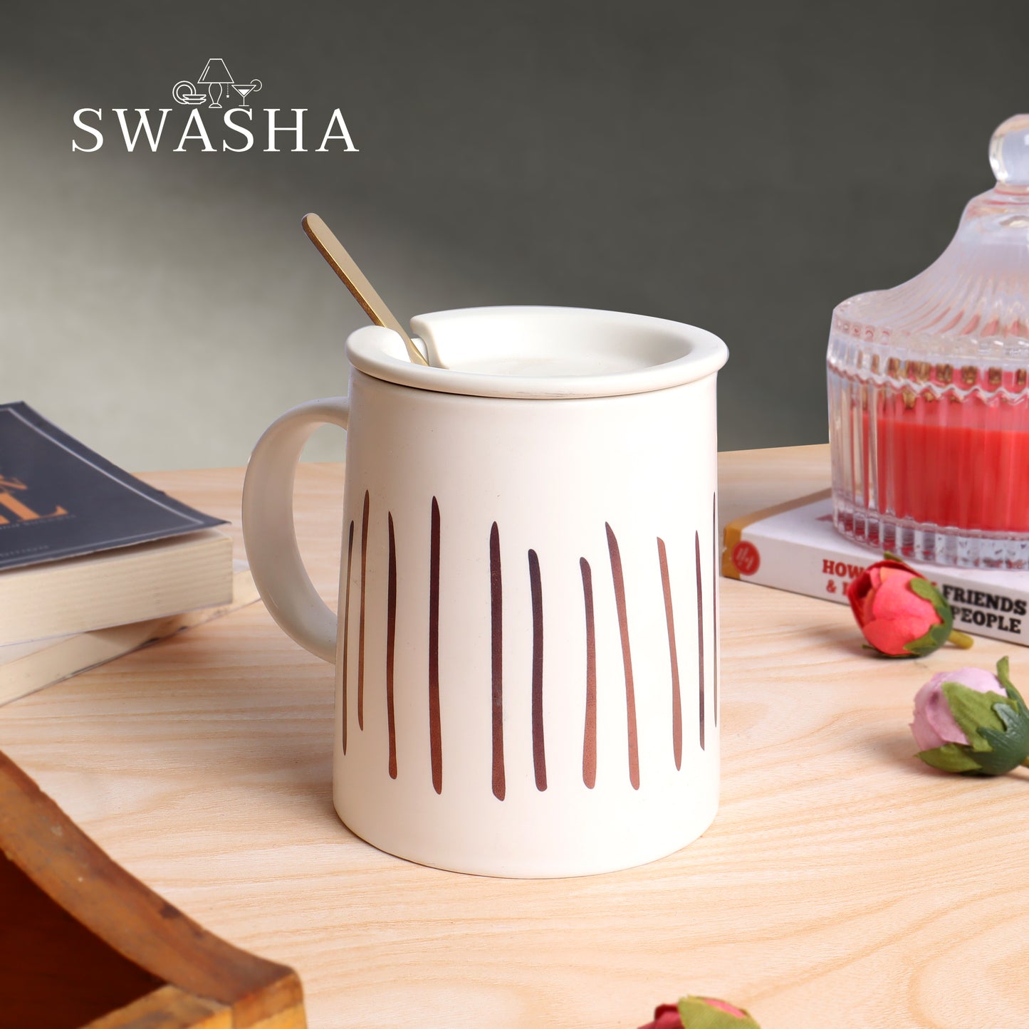 Ceramic Tall Coffee Mug , Lid and Spoon