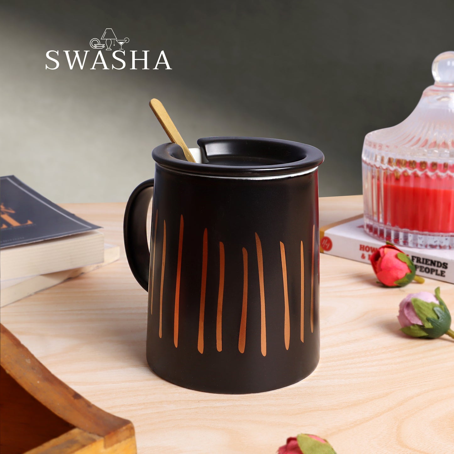 Ceramic Tall Coffee Mug , Lid and Spoon