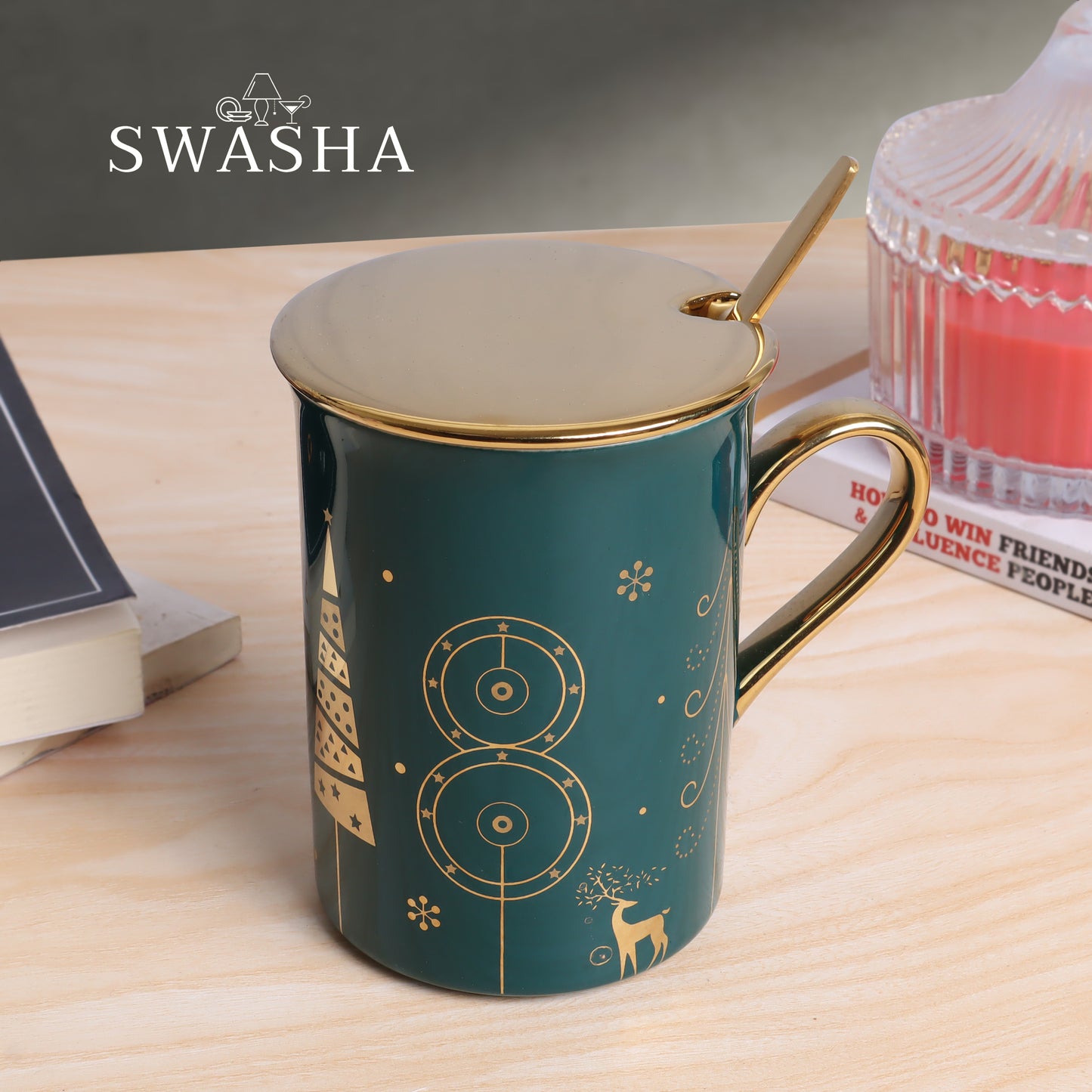Ceramic Tall Coffee Mug With Lid And Spoon