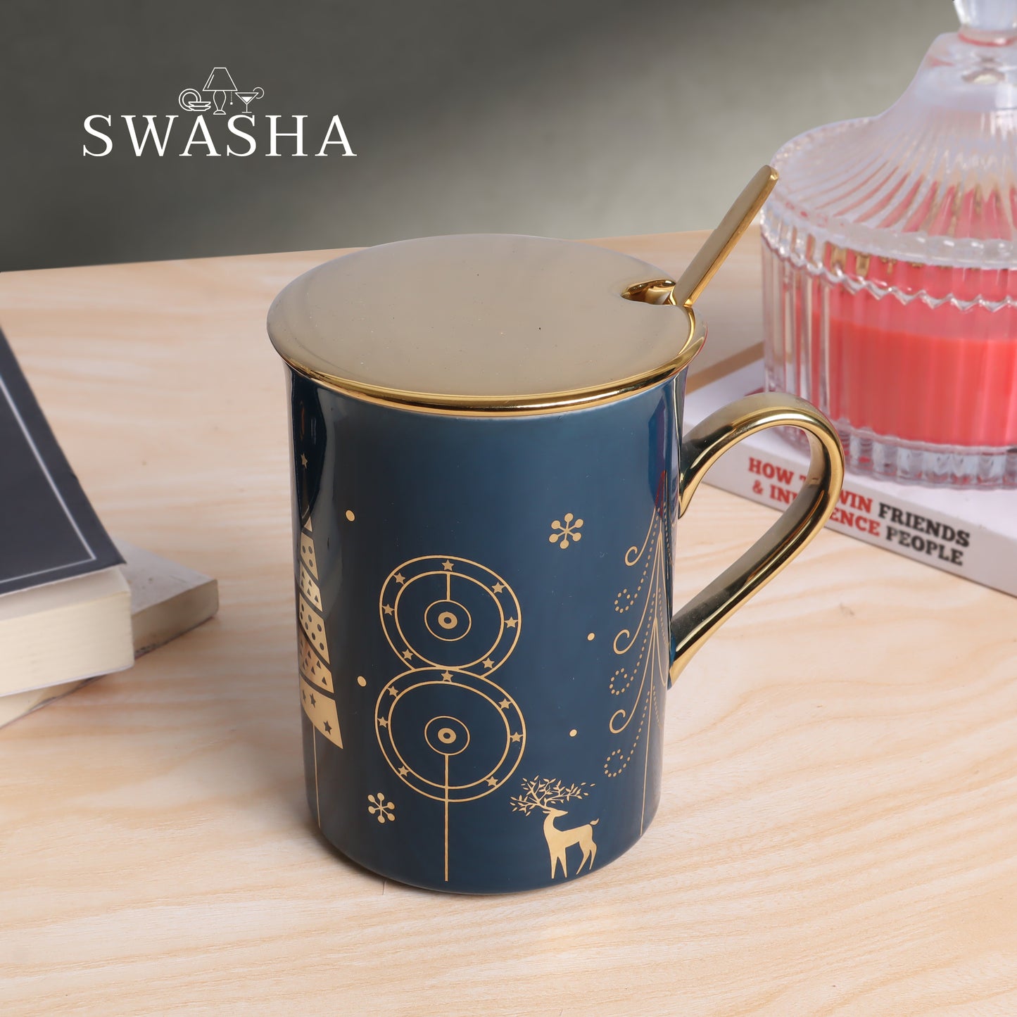 Ceramic Tall Coffee Mug With Lid And Spoon