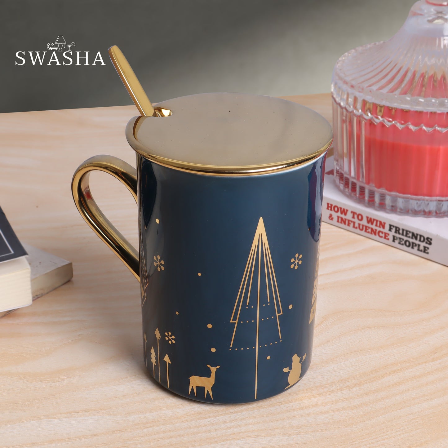 Ceramic Tall Coffee Mug With Lid And Spoon