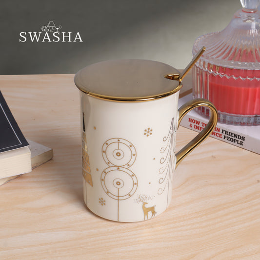 Ceramic Tall Coffee Mug With Lid And Spoon