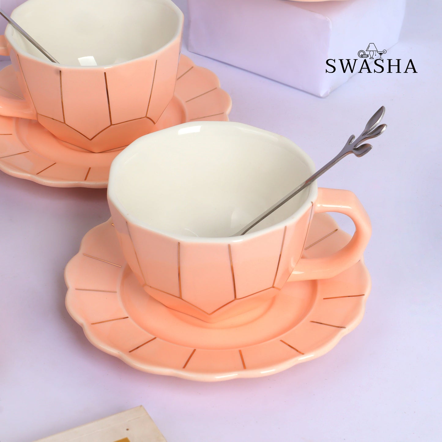 Ceramic Cup and Saucer Set with Spoon - Set of 6