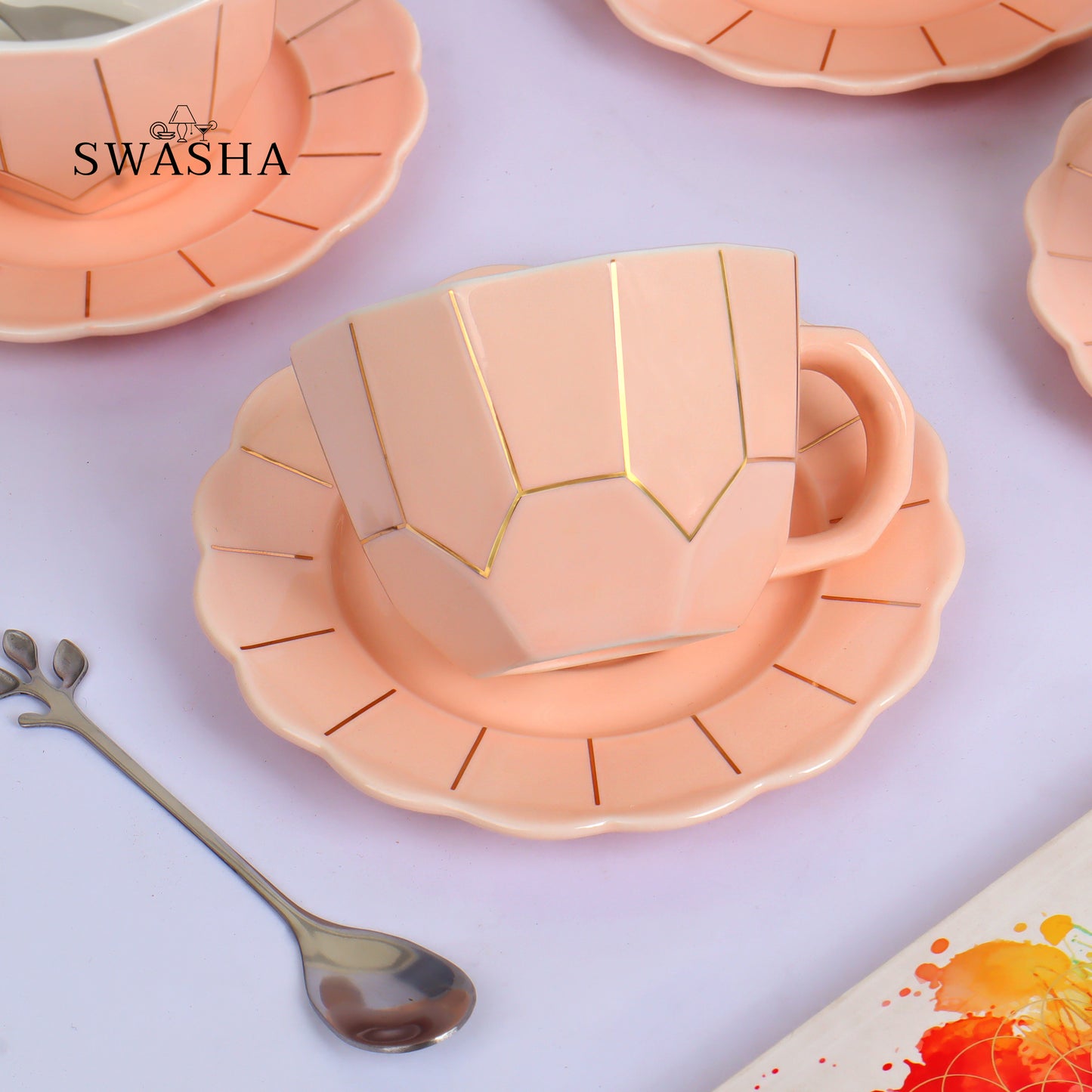 Ceramic Cup and Saucer Set with Spoon - Set of 6