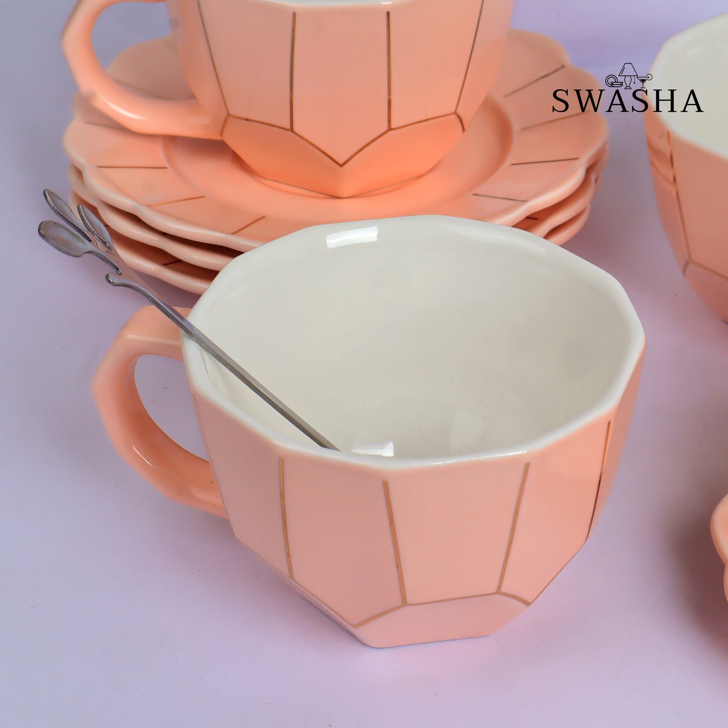 Ceramic Cup and Saucer Set with Spoon - Set of 6