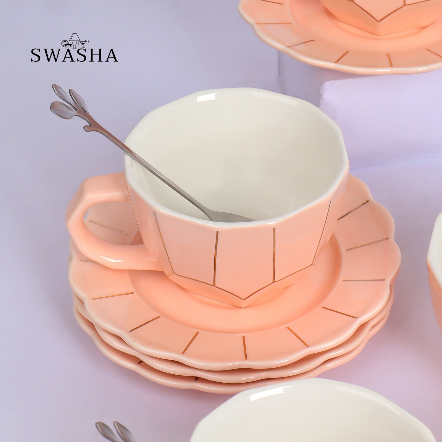 Ceramic Cup and Saucer Set with Spoon - Set of 6