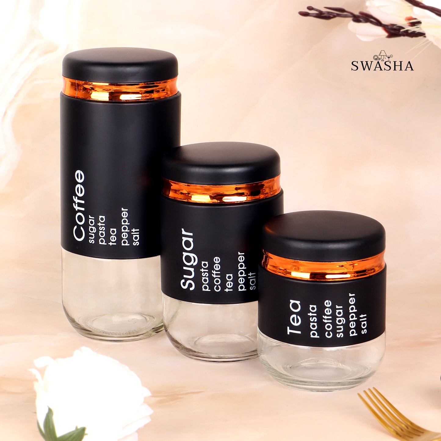 Swasha Tea Coffee Glass Jar Set of 3 - Airtight Storage Containers for Kitchen Pantry (Black)