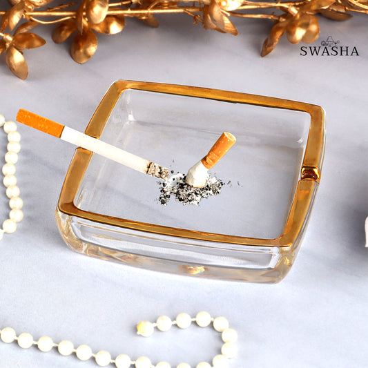 Swasha Glass Ash Tray: Elegant Golden Rim Design - Set of 1