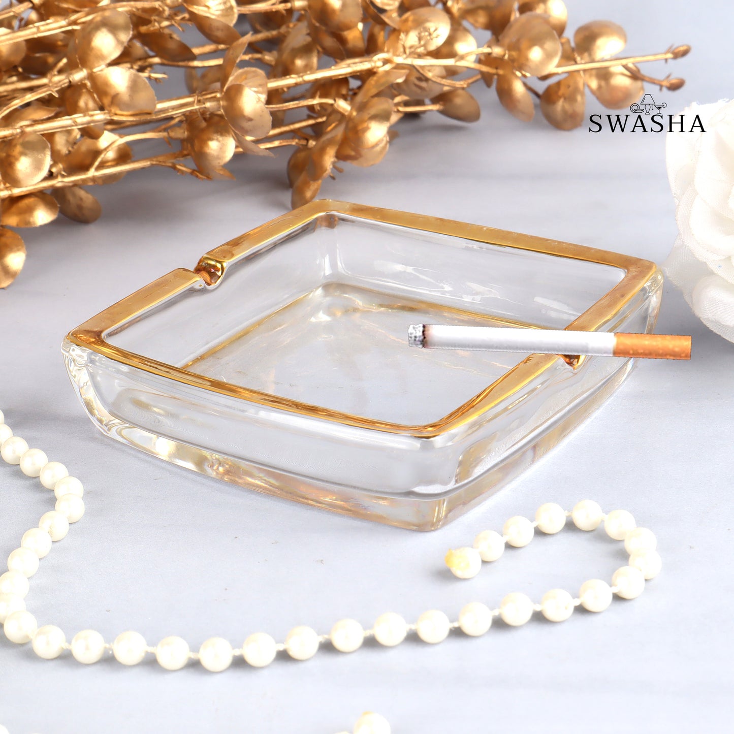 Swasha Glass Ash Tray: Elegant Golden Rim Design - Set of 1
