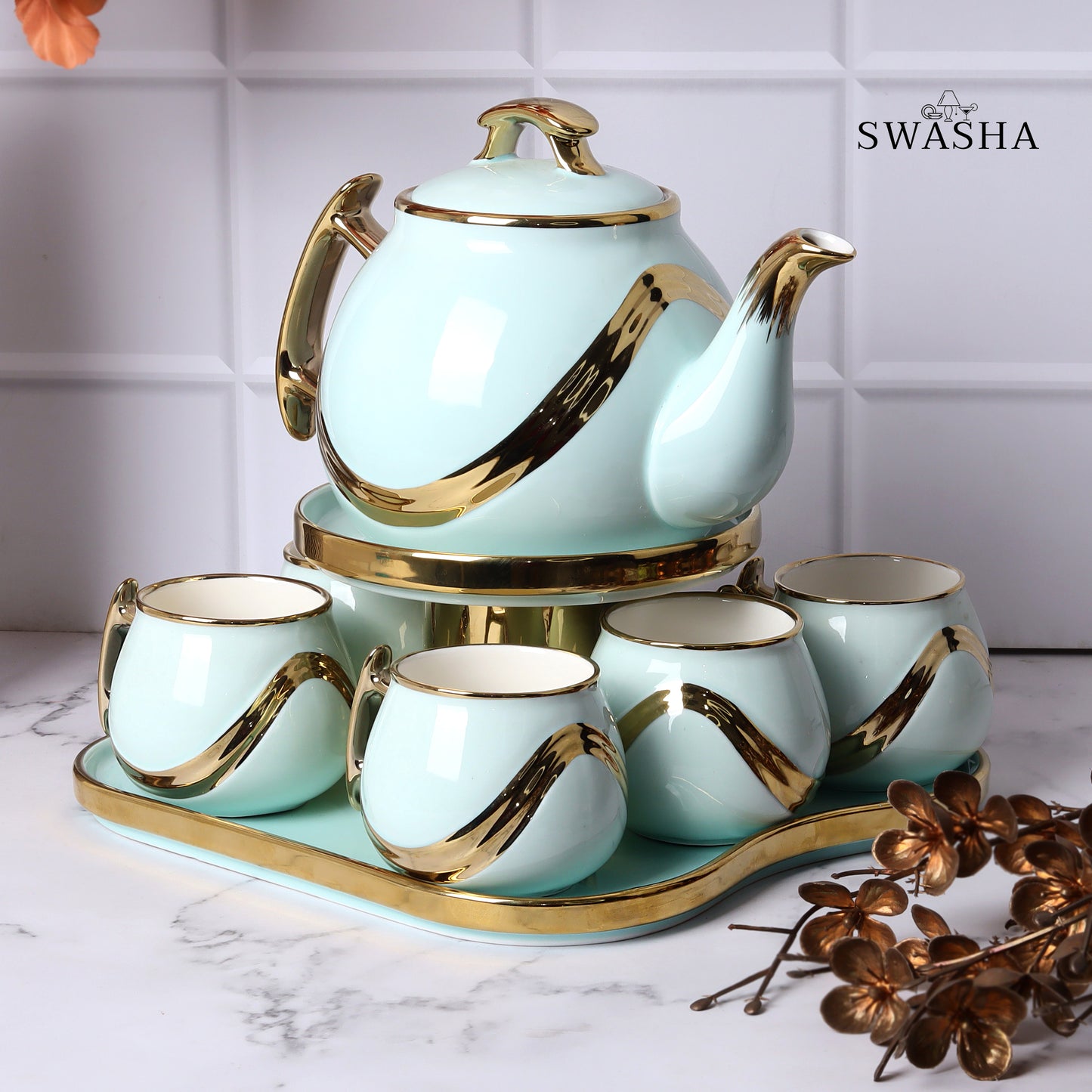Swasha Tea Set – 6 Cups, 1 Kettle, 1 Tray