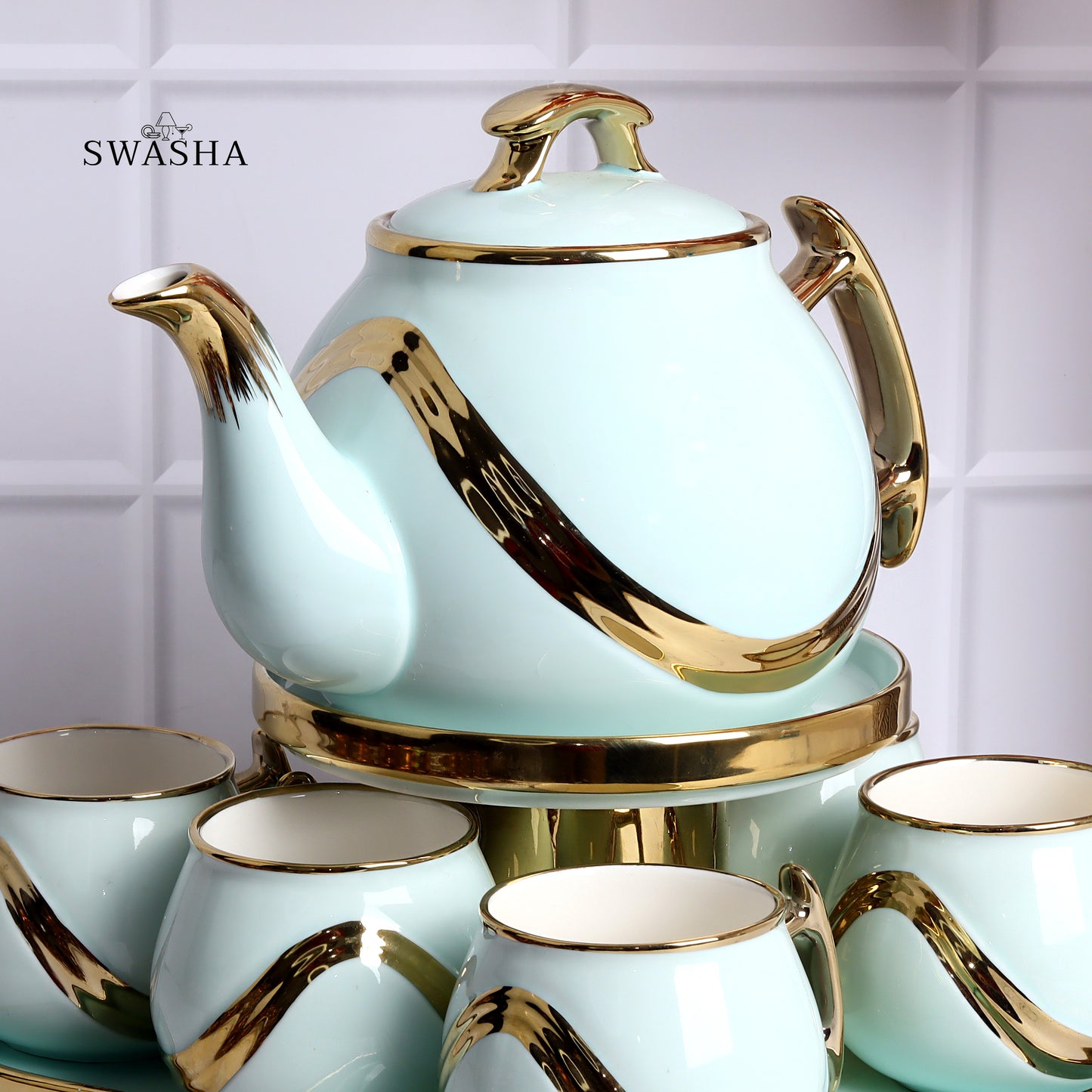 Swasha Tea Set – 6 Cups, 1 Kettle, 1 Tray