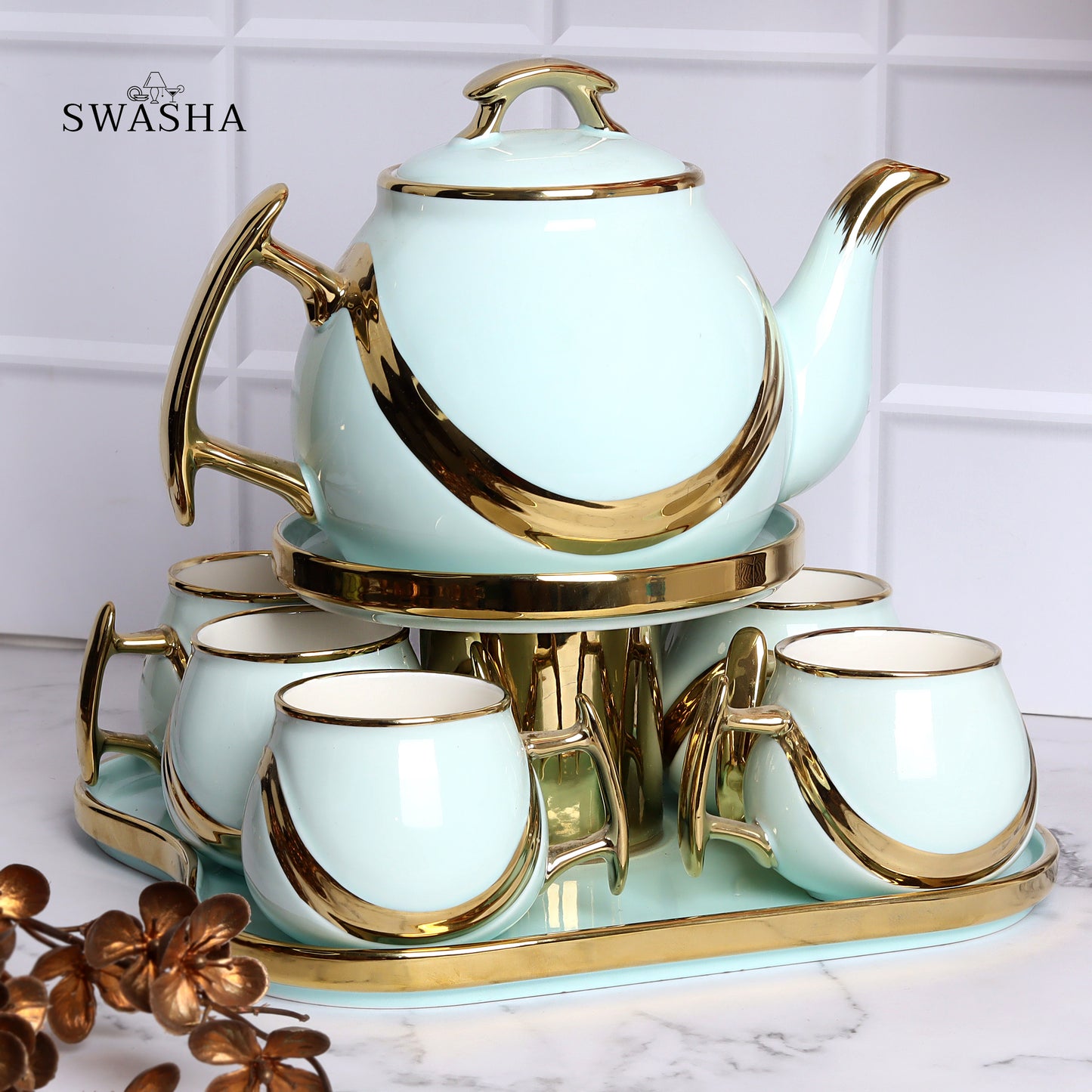 Swasha Tea Set – 6 Cups, 1 Kettle, 1 Tray