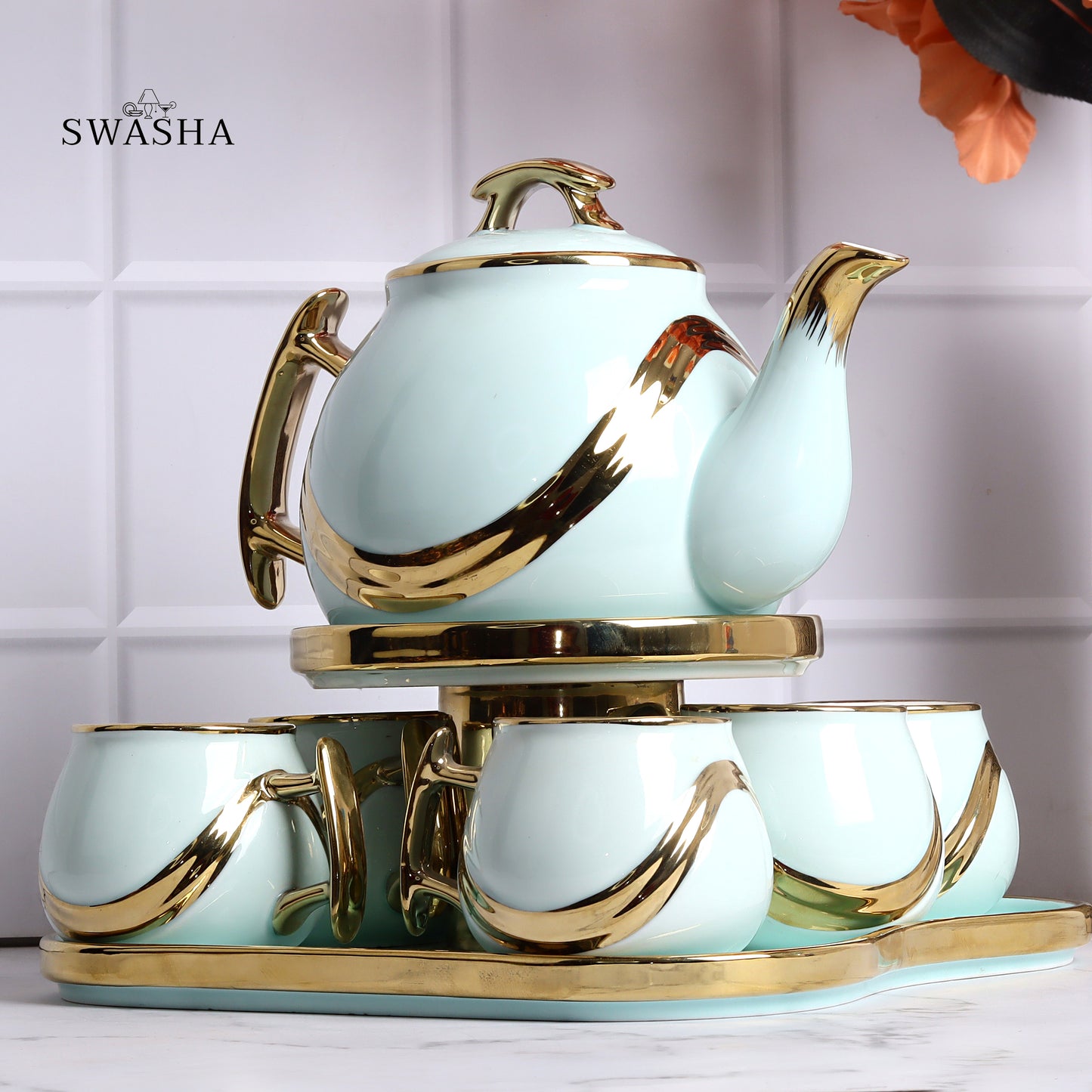 Swasha Tea Set – 6 Cups, 1 Kettle, 1 Tray