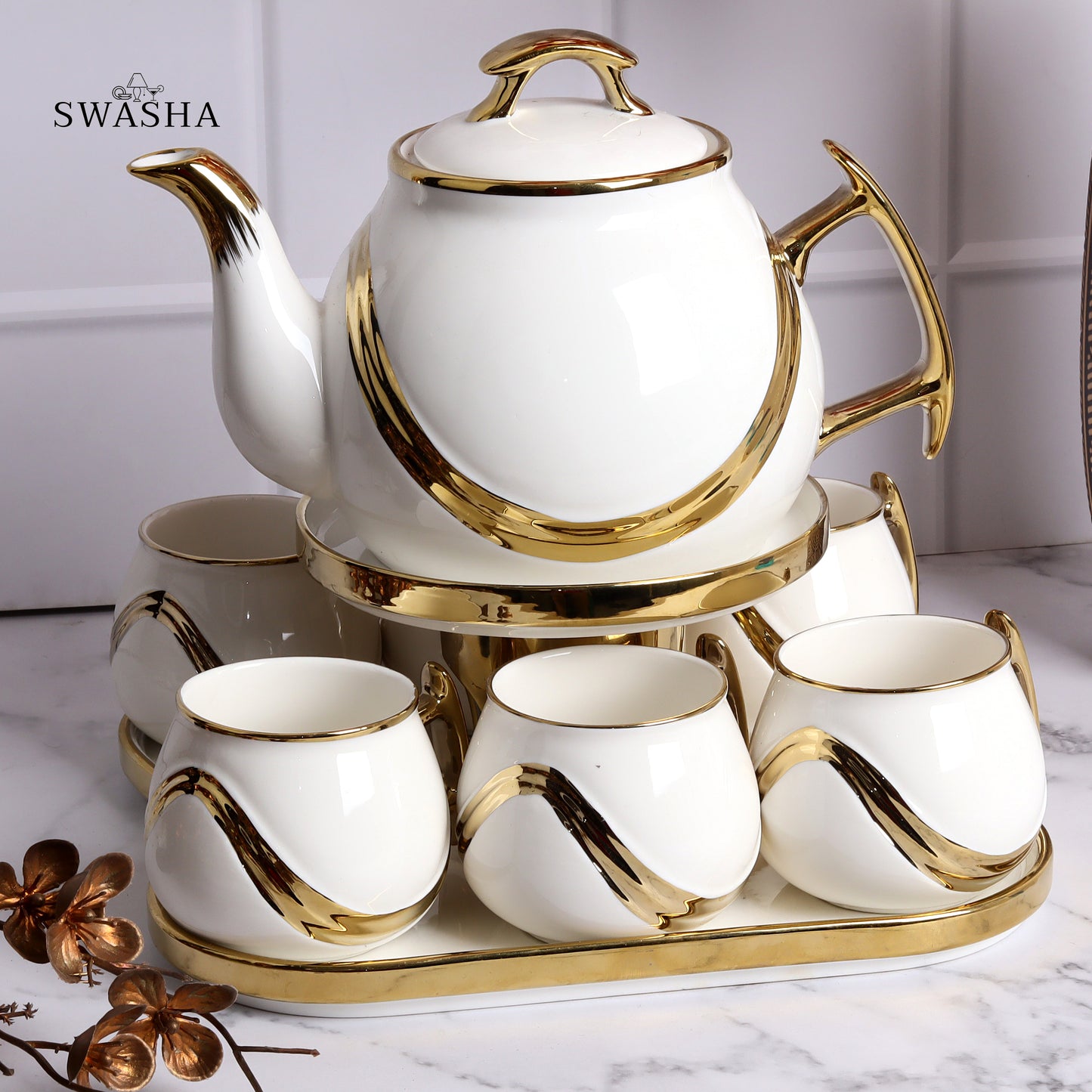 Swasha Tea Set – 6 Cups, 1 Kettle, 1 Tray