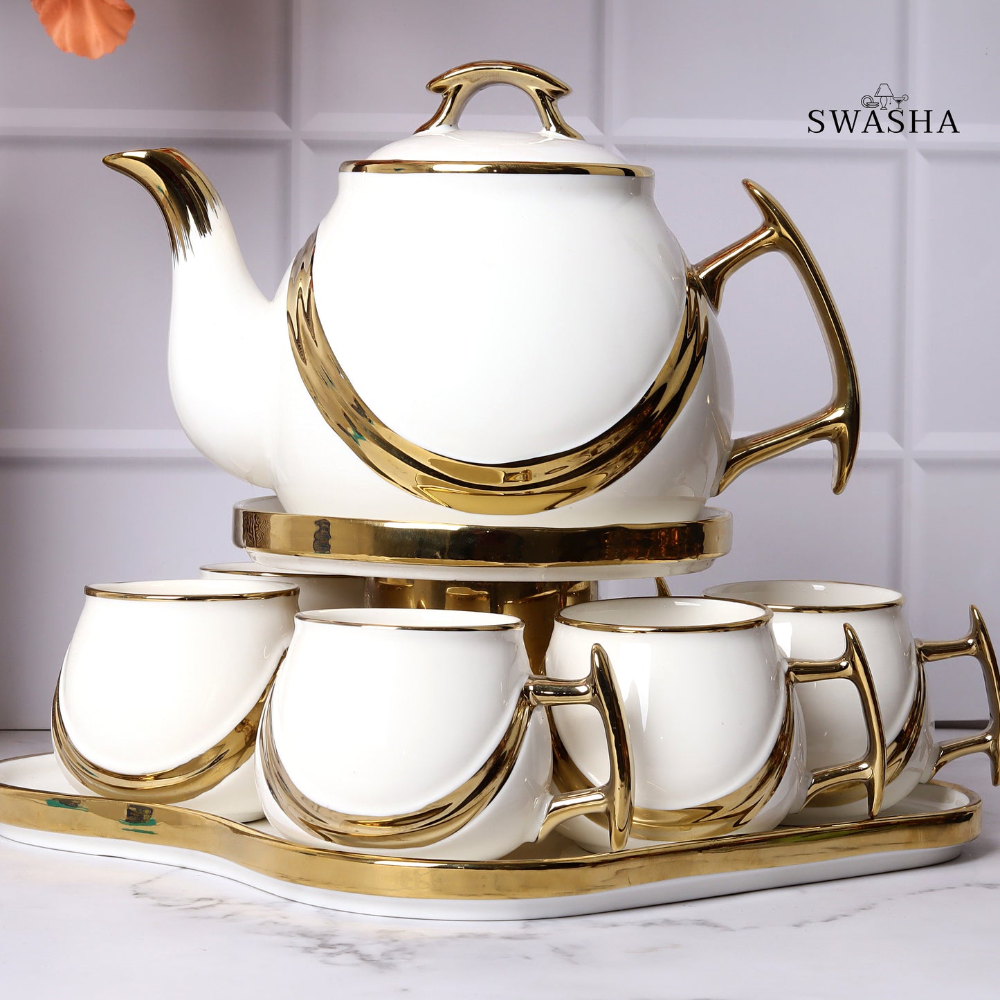 Swasha Tea Set – 6 Cups, 1 Kettle, 1 Tray
