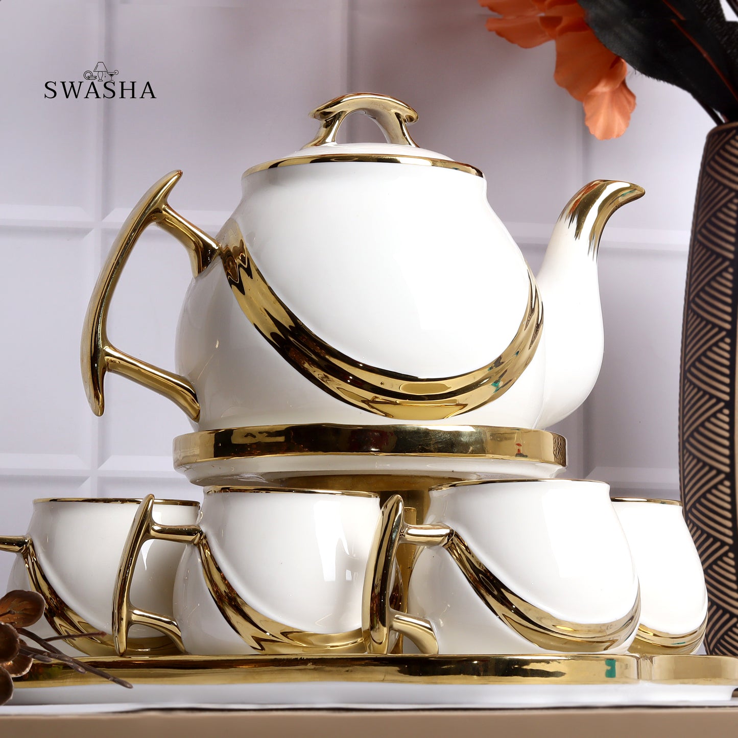 Swasha Tea Set – 6 Cups, 1 Kettle, 1 Tray