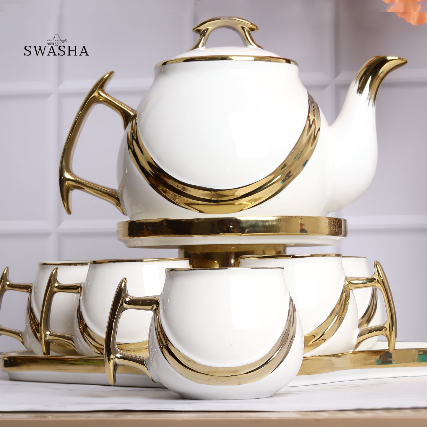 Swasha Tea Set – 6 Cups, 1 Kettle, 1 Tray
