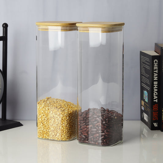 Glass jars/containers with stylish wooden lids - ideal for organized storage solutions