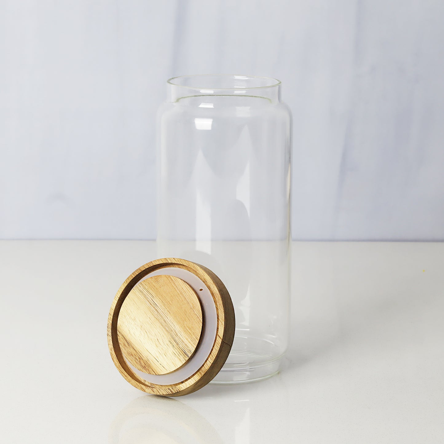 Glass jars/containers with stylish wooden lids - ideal for organized storage solutions