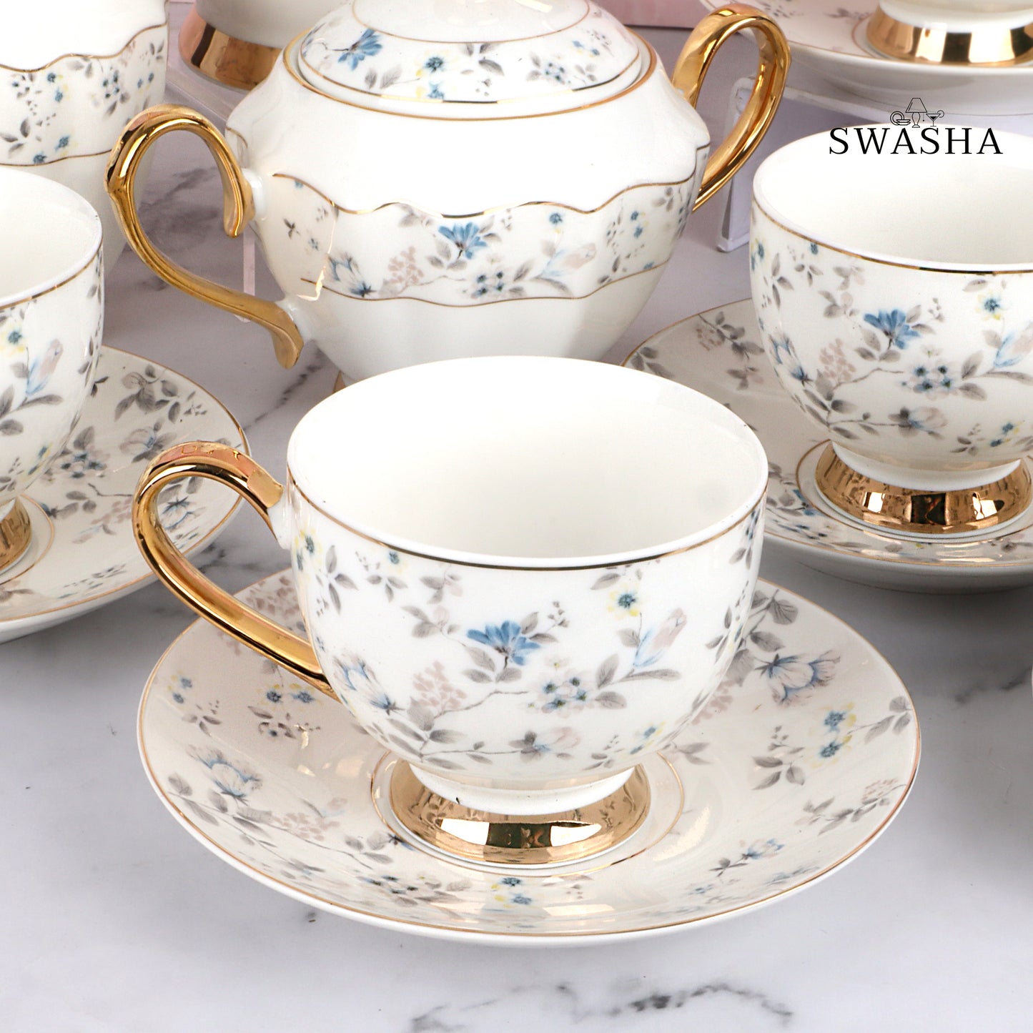 17-Piece Porcelain Tea Set with Kettle, Milk Pot & Sugar Pot – Swasha
