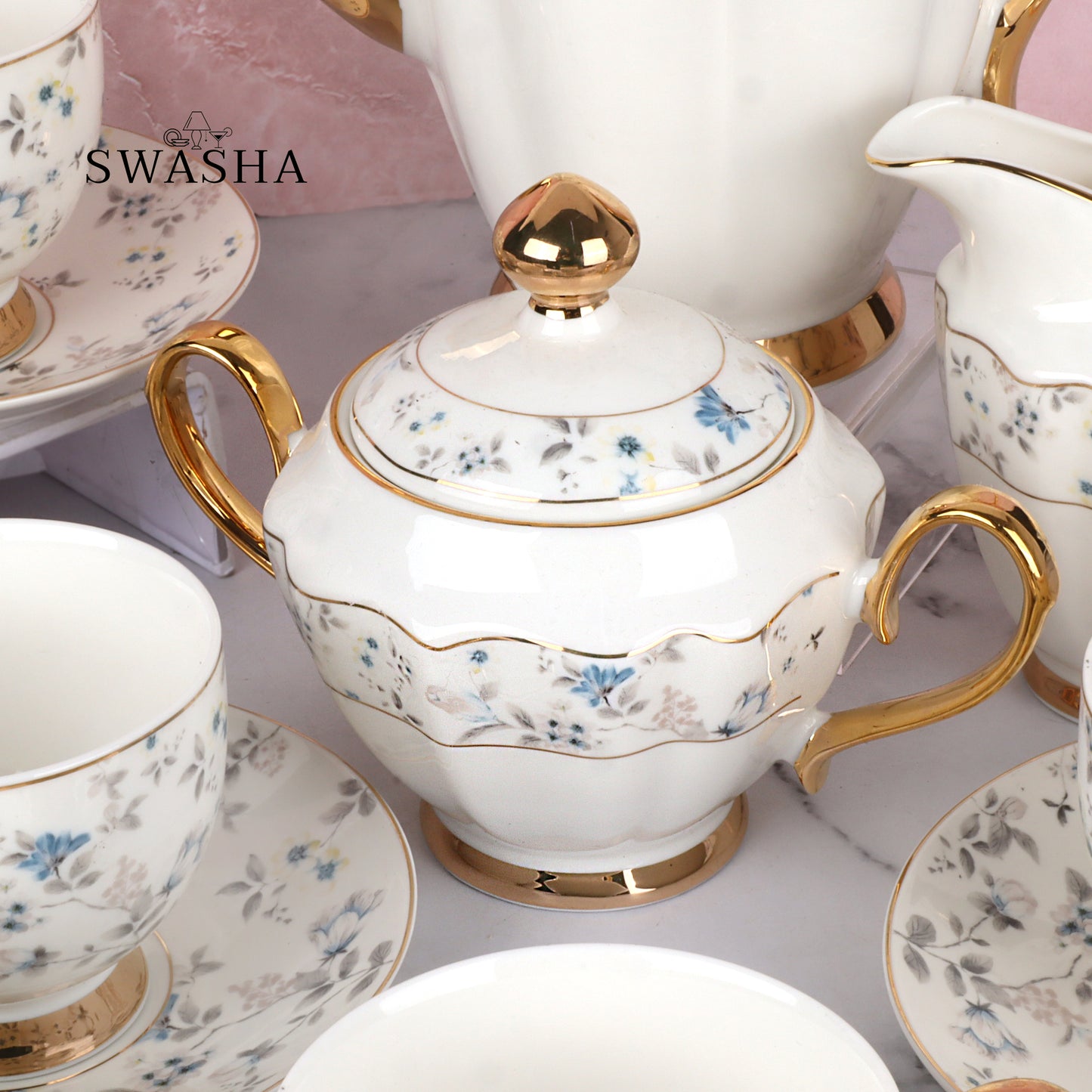 17-Piece Porcelain Tea Set with Kettle, Milk Pot & Sugar Pot – Swasha