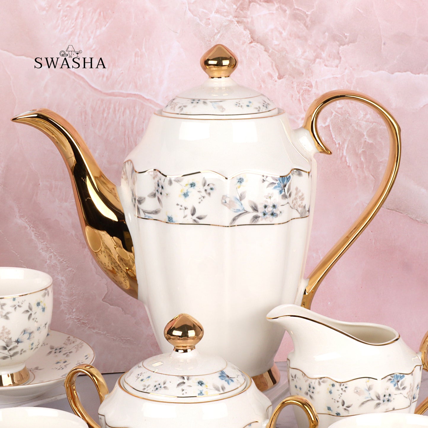 17-Piece Porcelain Tea Set with Kettle, Milk Pot & Sugar Pot – Swasha