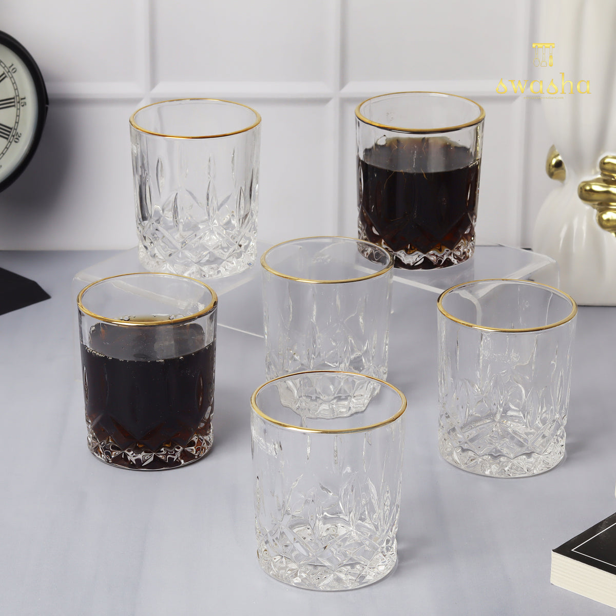 Set of 6 versatile glass tumblers - perfect for refreshing juices, whiskey and water.