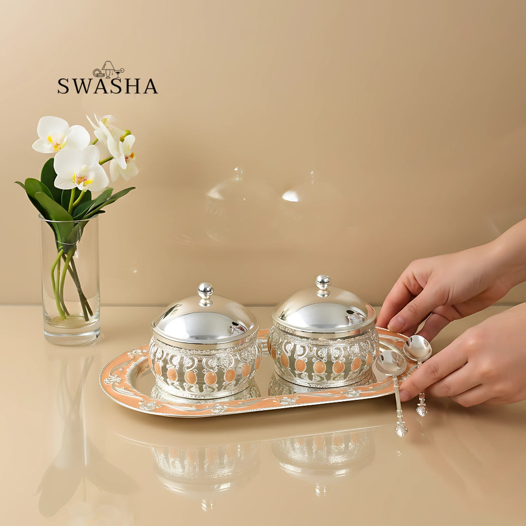 Elegant Dry Fruit Serving Bowls with Tray | German Silver | Perfect Gift (Oringish Yellow)